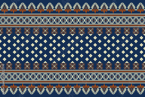 Beautiful knitted embroidery.geometric ethnic oriental pattern traditional on blue background.Aztec style,abstract,vector,illustration.design for texture,fabric,clothing,wrapping,decoration,carpet. photo