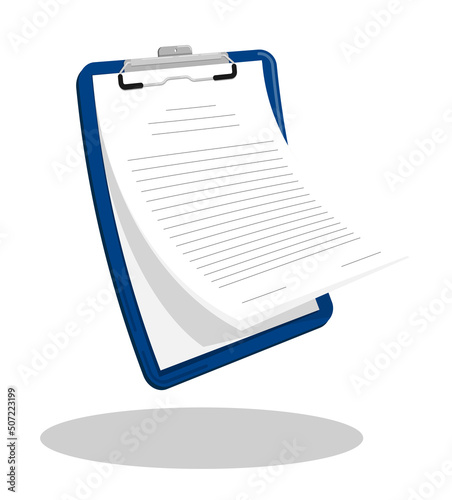 Stationery tablet with clip and stack of papers to sign. Tablet for keeping list, application for dismissal, employment. Cartoon vector isolated on white background