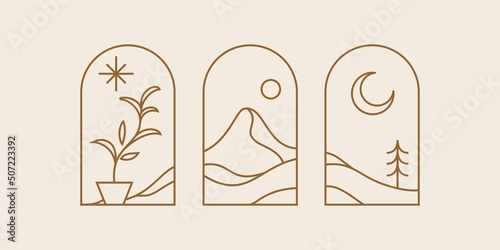 mountain hill landscape Bohemian line illustration logo art, icons and symbols, sun and moon, tropical plant arch window design geometric abstract design elements for decoration.