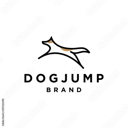 jump dog logo, abstract jumping puppy dog logo design in line outline style illustration vector.