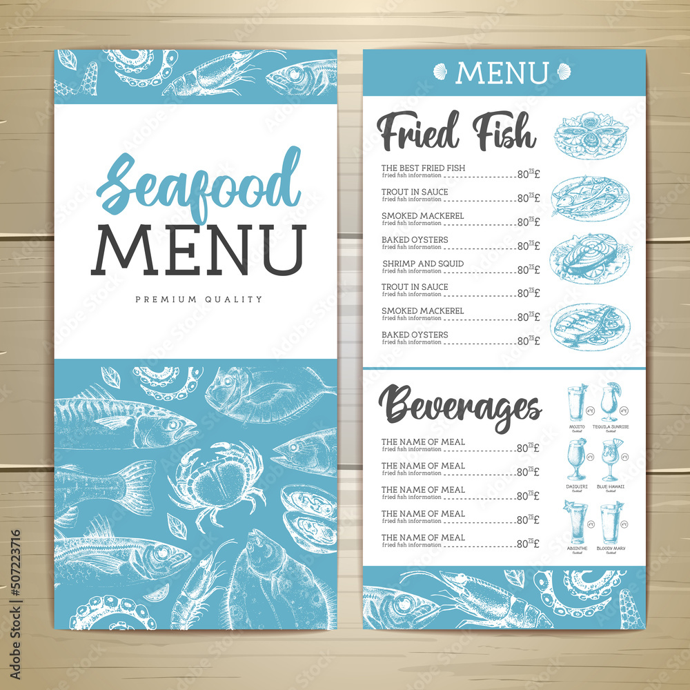 Seafood restaurant menu design with hand drawing fish. Vector illustration