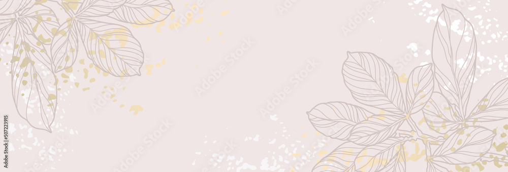Luxury floral pattern with gold leaves on a pastel pink background. Vector illustration with plant and texture for covers, advertisements, wedding invitations, cards, wallpapers 