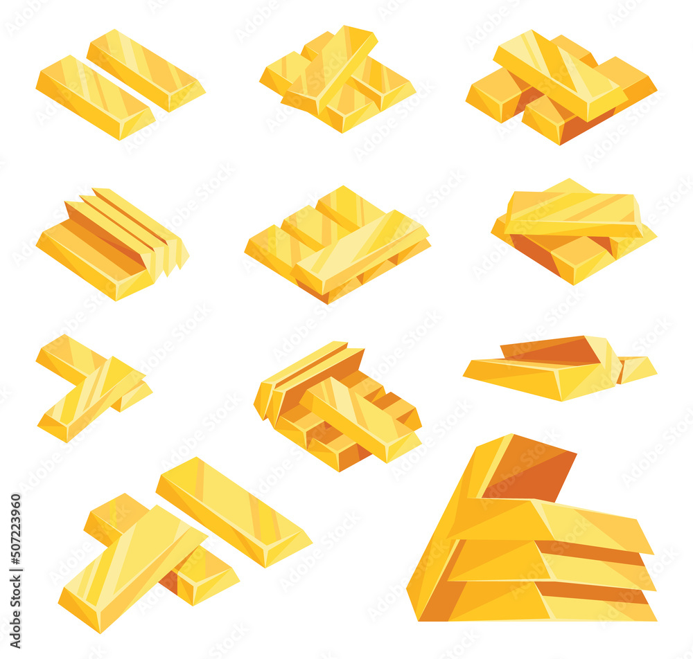 Gold bars icon set for web, games, applications in cartoon style. Financial concept, banking business, prosperity, treasure symbols. isolated objects on white background Gold bars icon set for web, games, applications in cartoon style. Financial concept, banking business, prosperity, treasure symbols. isolated objects on white background