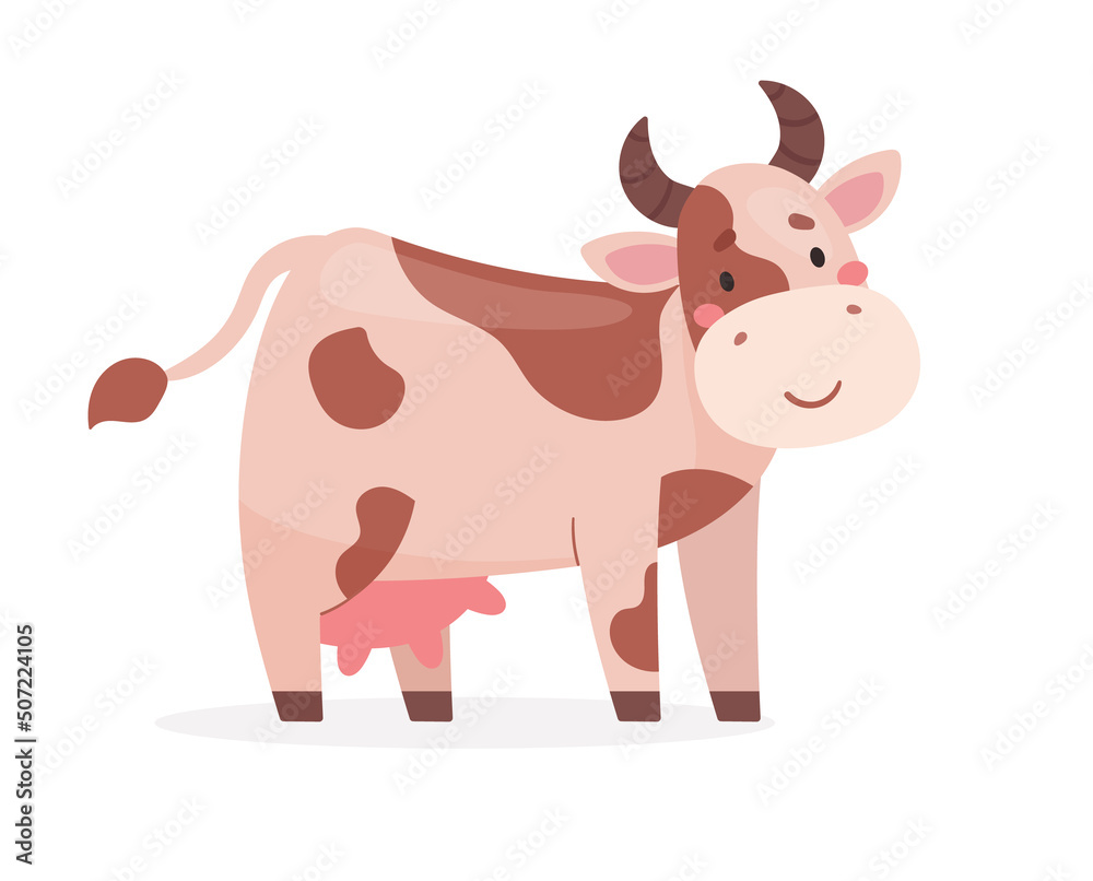Funny cow. Vector illustration in cartoon style isolated on white background..Spotted cow smiles. Flat minimalistic image Funny cow. Vector illustration in cartoon style isolated on white background..Spotted cow smiles. Flat minimalistic image