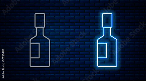 Glowing neon line Tabasco sauce icon isolated on brick wall background. Chili cayenne spicy pepper sauce. Vector