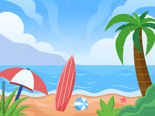 Fototapeta Naklejka Na Ścianę i Meble -  Tropical Summer Beach Landscape Vector Illustration with Surfboard, ball, umbrella. Can be used for postcard, banner, web, greeting card, background, etc.