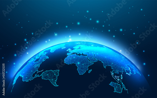 Futuristic global business, network concept with glowing planet Earth map view from space on blue 