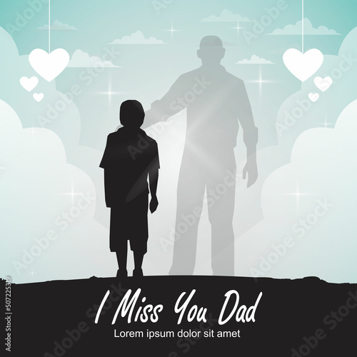 illustration design i miss you dad with clouds in the sky background