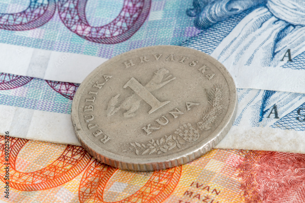 Macro photo of 1 Croatian kuna (HRK) coin. - obrazy, fototapety, plakaty 