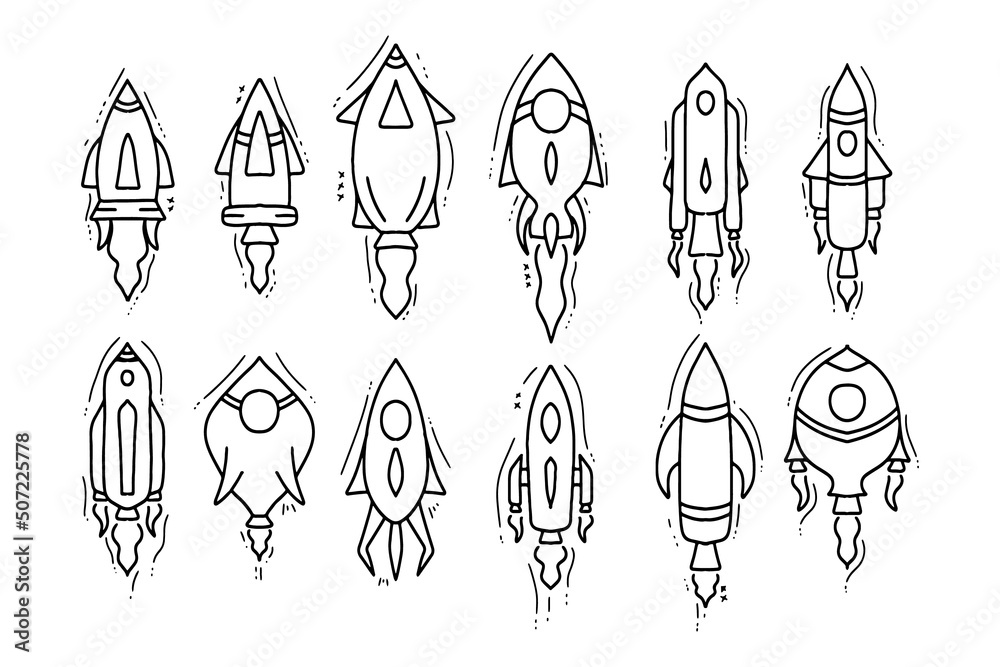 cute rockets outline hand drawn vector bundle