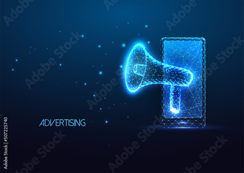 Futuristic online advertising, promotion concept with glowing smartphone and loud speaker 