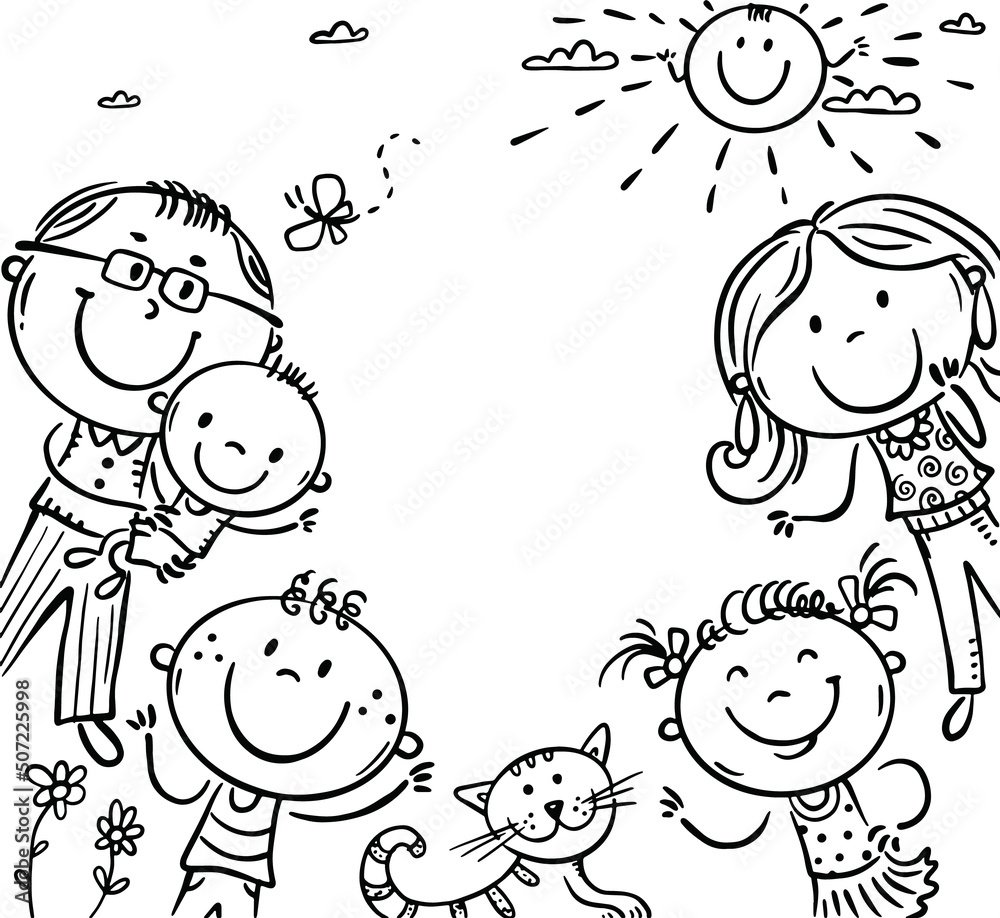 Cartoon happy cute doodle family banner or frame, outline stick figure