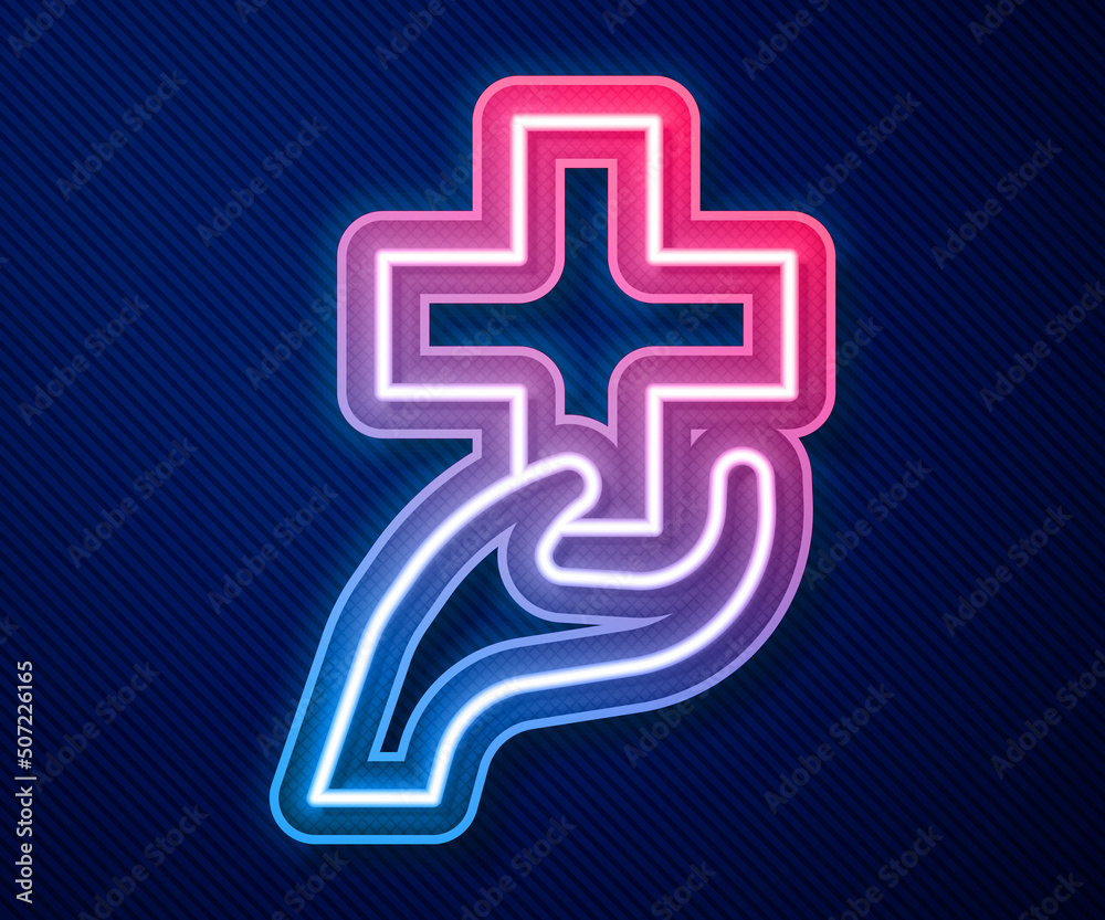 Glowing neon line Heart with a cross icon isolated on blue background. First aid. Healthcare, medical and pharmacy sign. Vector Glowing neon line Heart with a cross icon isolated on blue background. First aid. Healthcare, medical and pharmacy sign. Vector