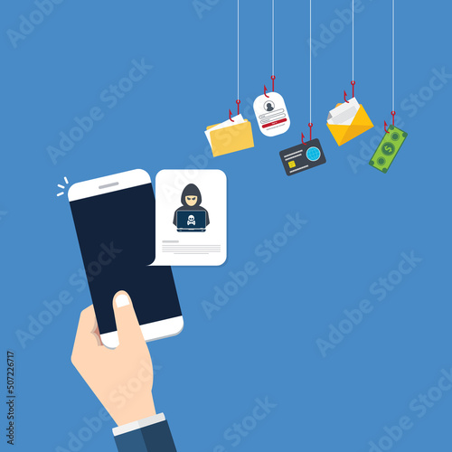 Hacker notification on mobile phone. Smartphone with hacker attack alert.	