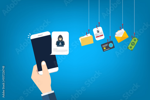 Hacker notification on mobile phone. Smartphone with hacker attack alert.	