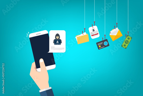 Hacker notification on mobile phone. Smartphone with hacker attack alert.	