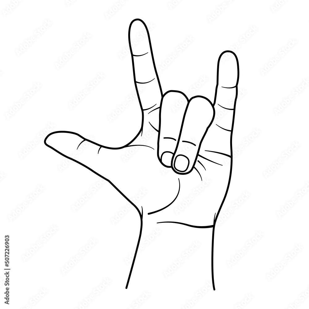Hand illustration with black outline style. hand vector illustration with metal symbol Hand illustration with black outline style. hand vector illustration with metal symbol