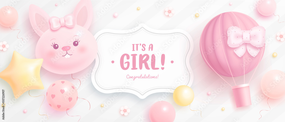 Baby shower horizontal banner with cartoon rabbit, hot air balloon, helium balloons and flowers on light background. It's a girl. Vector illustration