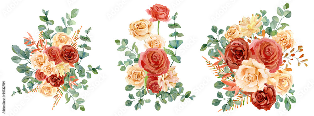 Watercolor floral bouquet, red and peach flowers roses and peonies, eucalyptus leaves. Autumn floral design for wedding invitation, bridal shower, baby shower