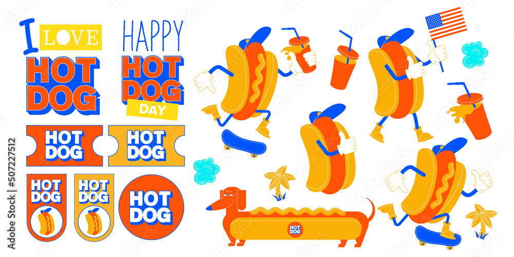 Fototapeta premium Collection of design elements cartoon hot dogs and stickers. Vector illustration.