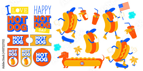 Collection of design elements cartoon hot dogs and stickers. Vector illustration.