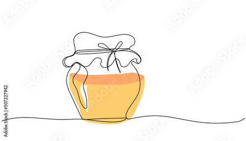 Continuous one line drawing of honey glass jars. Sweet pure honey. Hand drawn vector illustration	