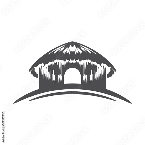Minimalist tropical bungalow hut straw roof seaside resort summer vacation silhouette vector illustration. Monochrome romantic exotic uninhabited island house bamboo camping ocean travel
