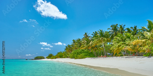 Paradise beaches of the Maldives. Tourism, travel and vacation in a luxury resort