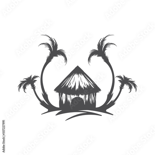 Monochrome simple emblem exotic bungalow curved palm trees at ocean island silhouette vector illustration. Minimalist tropical resort straw bamboo house camping travel tourism destination isolated
