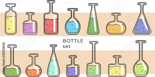 Set of vector glass bottles with colorful potions inside.