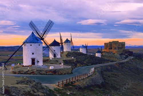 Travel, vacation, view of windmills in Castilla la mancha, Spain. High quality photo