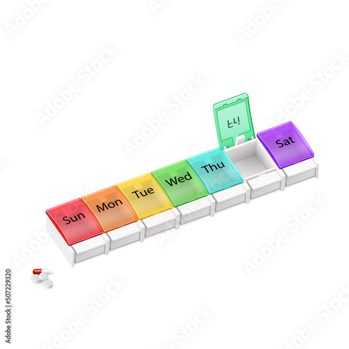 Illustration of Plastic Pharmacy Organizer for Pills for Each Day of the Week on White. A Weekly Medicine Dispenser Opened for Friday