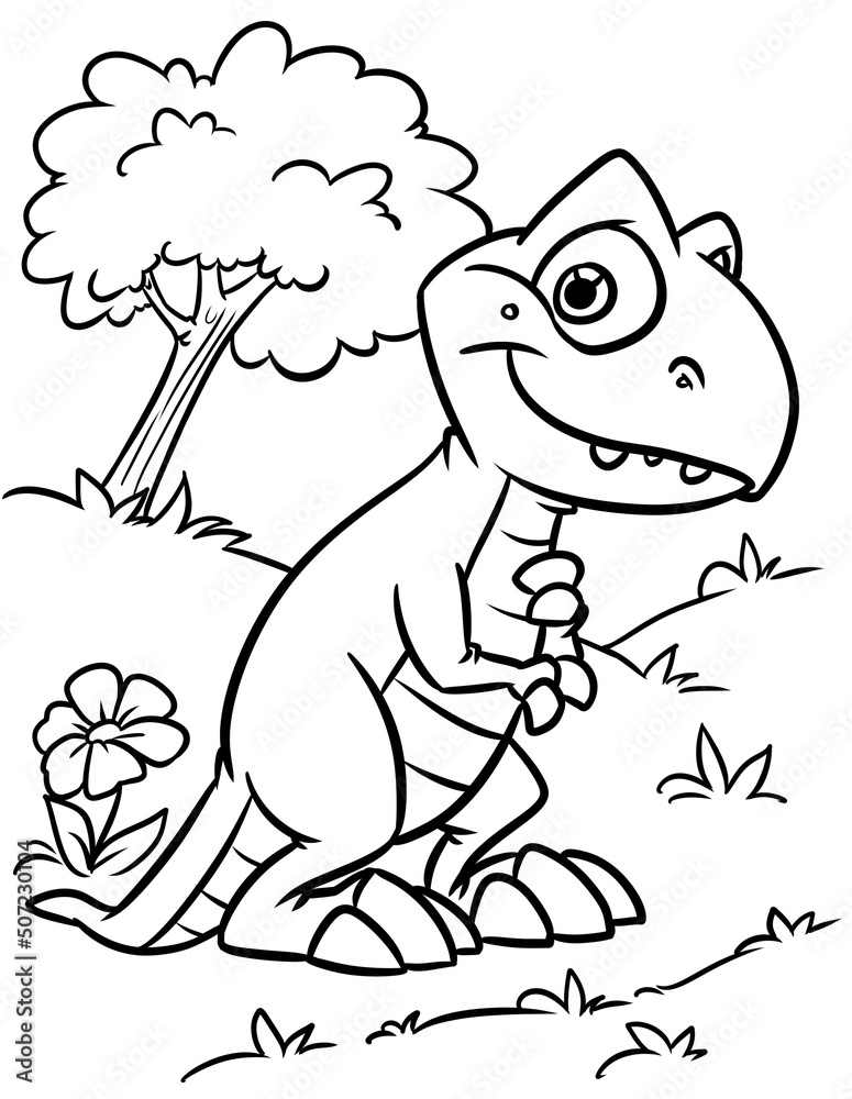 Little predatory dinosaur nature coloring page cartoon illustration