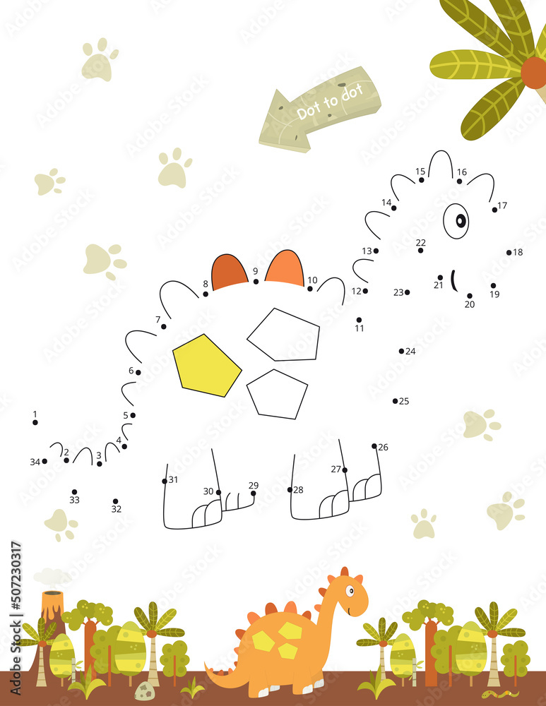 Dinosaurs activities for kids. Dot to dot game – cute little dinosaur. Numbers games for kids. Coloring page. Vector illustration. Dinosaurs activities for kids. Dot to dot game – cute little dinosaur. Numbers games for kids. Coloring page. Vector illustration.