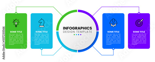Infographic template. 4 colored rectangles connected to the middle circle