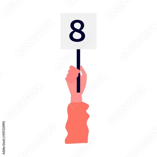 Jury showing card 8 with amount of scores. Collection of scorecards in human hands, competition judges giving evaluation
