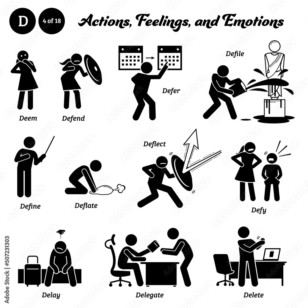 Obraz premium Stick figure human people man action, feelings, and emotions icons alphabet D. Deem, defend, defer, defile, define, deflate, deflect, defy, delay, delegate, and delete.