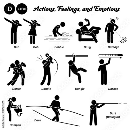 Stick figure human people man action, feelings, and emotions icons alphabet D. Dab, dabbing, dabble, dilly dally, damage, dance, dandle, dangle, darken, dampen, dare, and dart with blowgun.