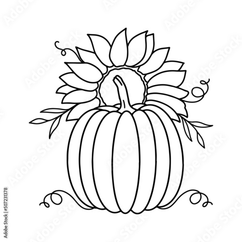 Vector autumn illustration with outline pumpkin and sunflower isolated on white background. Season cute hand drawn poster for t shirt, print, card, sign.