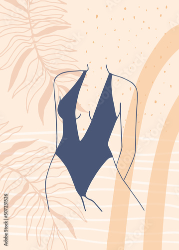 Abstract poster with woman in swimsuit. Female body in lingerie in minimalist boho style.