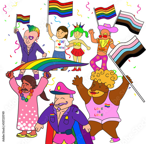 LGBT community. Banner with a group of people participating in a Pride parade. Doodle vector background with gay, lesbian, transgender, and bisexual.