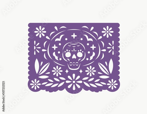 Papel picado, Mexican paper flag with perforated cut pattern of flowers, leaf and Catrina skull. Traditional pecked bunting banner for Mexico holiday. Isolated flat graphic vector illustration