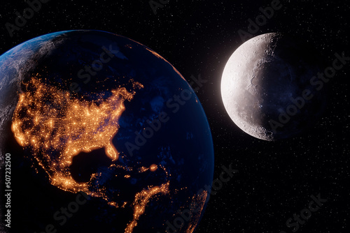 Fototapeta Naklejka Na Ścianę i Meble -  the planet earth and the moon, the shining cities of the USA, Canada, the concept program for the exploration of the moon. 3d illustration