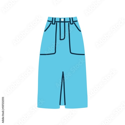 Jeans midi skirt with slit, pockets. Modern women garment. Fashion female denim apparel. Casual clothes of medium length. Stylish wearing. Flat vector illustration isolated on white background