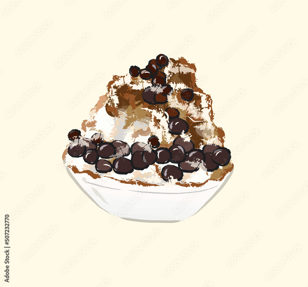 Taiwan shaved ice with brown sugar and tapioca pearls for summer dessert in flat realistic illustration art design