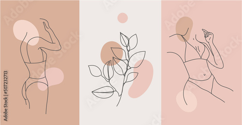 Vector set of line body silhouette illustrations, women and floral art . Minimalist linear female figure. Body positive cards, posters, prints, social net stories