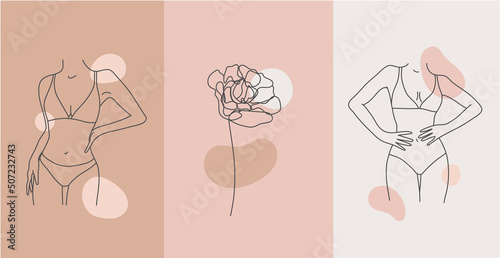 Vector set of line body silhouette illustrations, women and floral art . Minimalist linear female figure. Body positive cards, posters, prints, social net stories