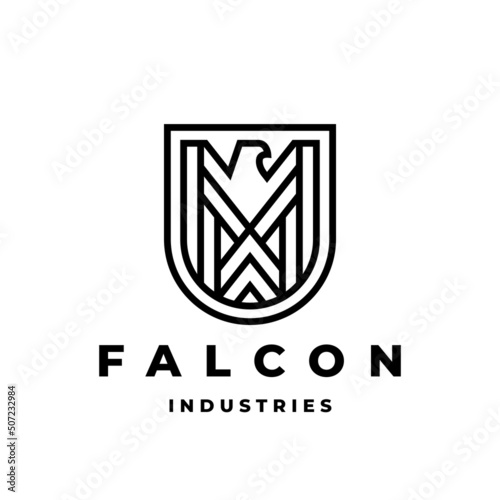 Falcon shield logo emblem. Abstract eagle crest line icon. Hawk badge symbol. Bird label brand design element. Vector illustration.