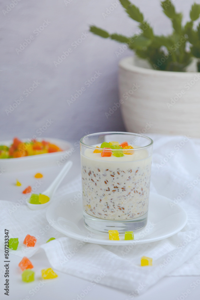Oatmeal chia seed flax smoothie with dried mango and banana for a healthy breakfast Oatmeal chia seed flax smoothie with dried mango and banana for a healthy breakfast
