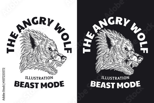 Set Wolf Beast Horror Hand drawn Hatching Outline Symbol Tattoo Merchandise T-shirt Merch vintage